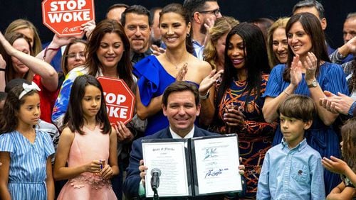 Florida Gov. Ron DeSantis after signing House Bill 7, "Individual Freedom," also dubbed the "stop woke" bill, at Mater Academy Charter Middle/High School in Hialeah Gardens, Fla., on Friday, April 22, 2022. (Daniel A. Varela/Miami Herald/TNS)