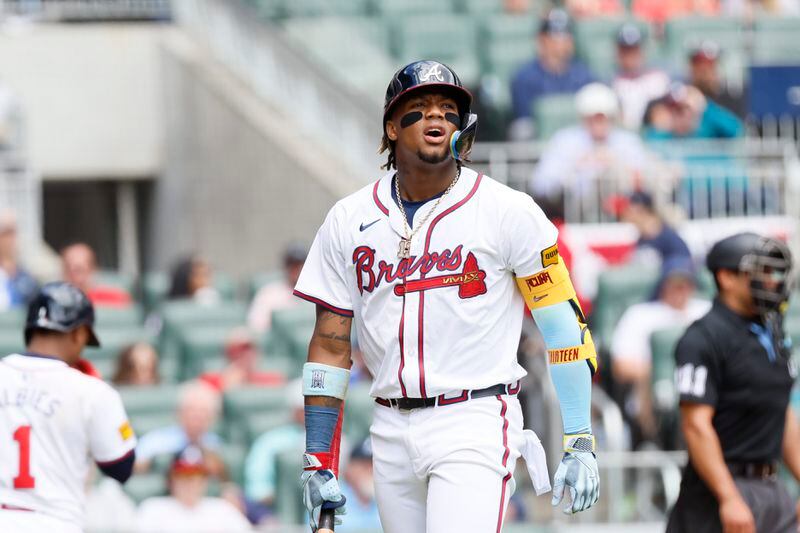 Atlanta Braves outfielder Ronald Acuña Jr. (13) reacts after striking out during the fifth inning against the New York Mets at Truist Park on Thursday, April 11, 2024.
Miguel Martinez / miguel.martinezjimenez@ajc.com 