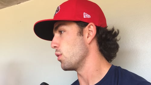 Braves shortstop Dansby Swanson speaks with the media before Gwinnett’s game Wednesday. Swanson was demoted to Triple-A last week after hitting .213 in 95 major league games. (Gabriel Burns / AJC)