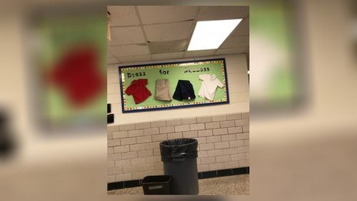 The same area at Dresden Elementary School in Chamblee has leaked many times over the last several years. Officials said maintenance workers should be addressing the leak this week. (SUBMITTED PHOTO)