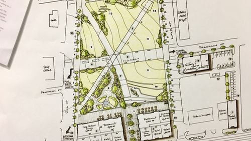 Architect and local resident Sheri Locke’s proposed design for the four acres owned by Avondale Estates between North Avondale Road (south) and New Street (north). Note that Franklin Street bisects the property but in this rendition is limited to pedestrians only. The amphitheater is in the northeast corner and two retail building front North Avondale. Courtesy of Sheri Locke.