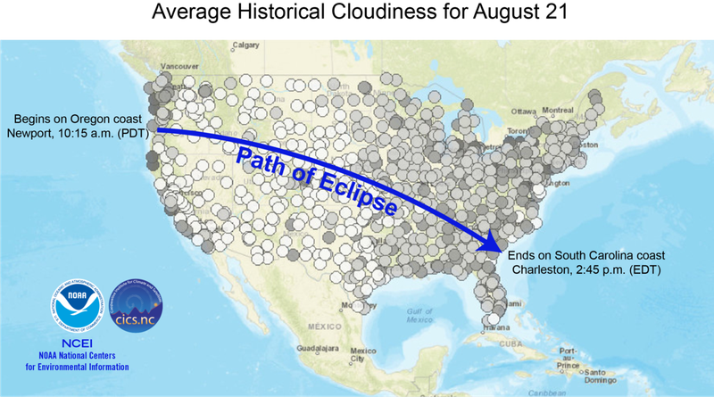 The darker the dot, the greater the chance for cloudiness at the hour of peak viewing during the total solar eclipse on August 21, 2017. Dots represent automated weather stations that reported the cloudiness data and show the 10-year cloudiness average for August 21, 2001–2010.