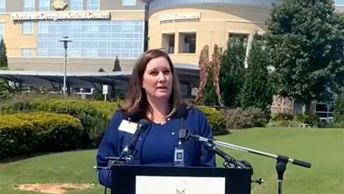 Elizabeth Larkins, RN, executive director of medical nursing at Northeast Georgia Medical Center in Gainesville, said at a Monday news conference that doctors, nurses and other frontline medical staff are still recovering from the emotional and mental toll of the pandemic, and some say they can't face another surge. (NGMC Facebook livestream)