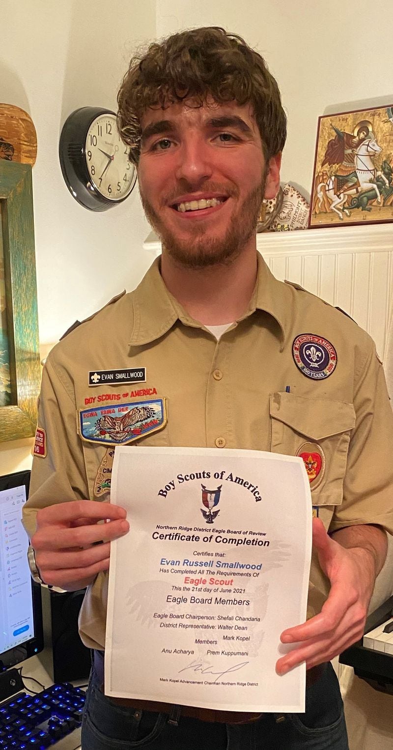 The Northern Ridge Boy Scout District (Cities of Roswell, Alpharetta, John’s Creek, Milton) announced Evan Smallwood, of Troop 841, passed his Board of Review on June 21 to become an Eagle Scout. Sponsored by St Thomas Aquinas Catholic Church, his project was the design and construction of a stone pathway with stairs to the Outhouse building associated with the old log cabin that belongs to the City of Alpharetta.  Evan also planted around the out hose to help improve its aesthetics.