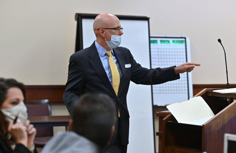 John Lovell, attorney for Jacob Kaderli, speaks before Judge Jack Niedrach during a preliminary hearing for Michael Helterbrand and Jacob Kaderli at Floyd County Superior Court in Rome on Friday, May 29, 2020. Jacob Kaderli and Michael Helterbrand were in court Friday for a preliminary hearing and another attempt to get bond set for their charges of attempted murder. Luke Lane, Jacob Kaderli and Michael Helterbrand are accused belonging to an international terror group called The Base and of plotting the murder of a Bartow County couple they believed to be involved in anti-racist demonstrations. HYOSUB SHIN / HYOSUB.SHIN@AJC.COM