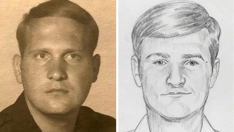 Joseph James DeAngelo Jr., at left, is pictured while a police officer in Exeter, California, in the early 1970s. At right is one of the police sketches released of the Golden State Killer, a serial rapist and killer credited with killing at least 13 people and raping more than 50 women between 1975 to 1986. DeAngelo, now 73, was arrested April 24, 2018, after cold case investigators said DNA linked him to several of the crimes.