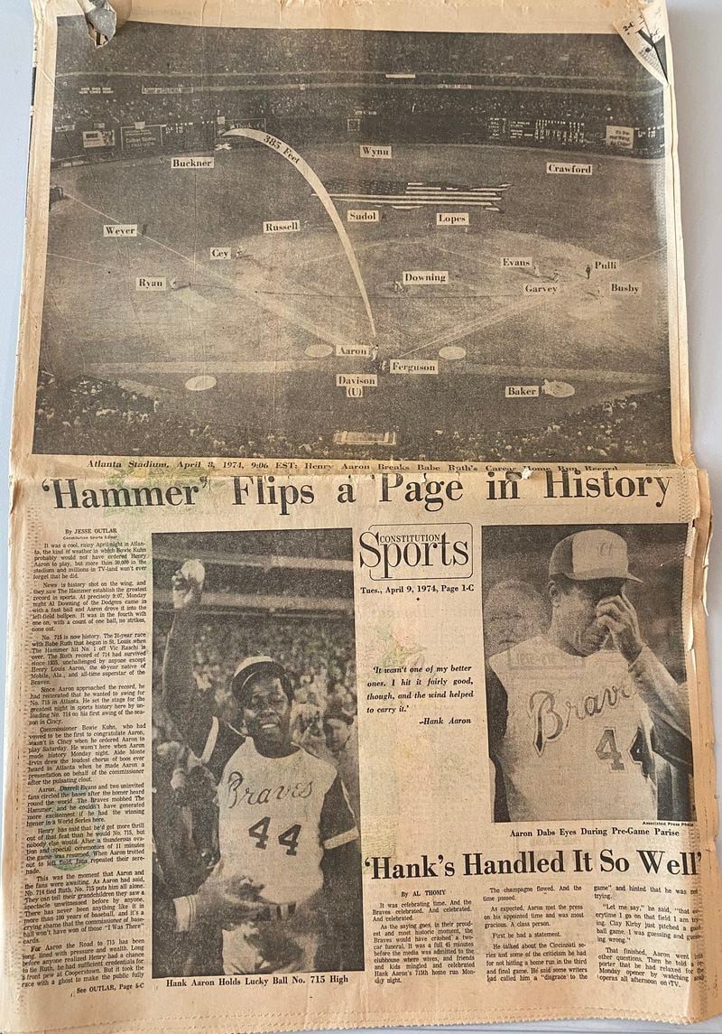 This is the front page of The Atlanta Constitution sports section April 9, 1974, the day after Braves legend Henry Aaron hit his 715th career home run, surpassing Babe Ruth for the all-time home run record. (Contributed by David Wellham/The Atlanta Journal-Constitution)