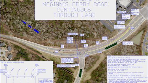 Schematic depicts the “Florida-T” intersection to be created at McGinnis Ferry and Sargent roads. CITY OF JOHNS CREEK