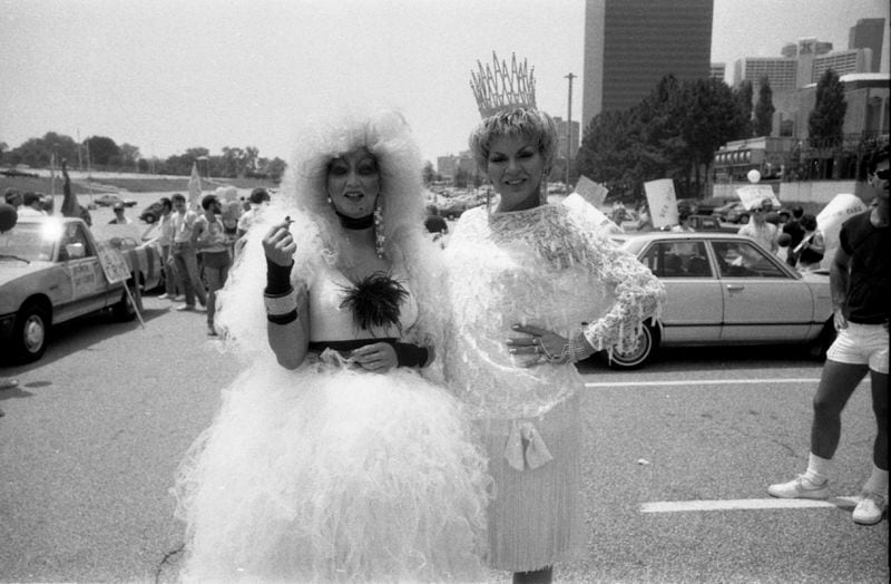 Lily White (left) and fellow drag performer Charlie Brown appeared dressed to the nines for the Atlanta Gay Pride Parade in 1986. Photo: Neil McGahee