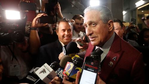 FILE - In this Oct. 27, 2019 file photo, Atlanta Falcons owner Arthur Blank speaks to the media after an NFL football game between the Atlanta Falcons and the Seattle Seahawks in Atlanta. (AP Photo/John Bazemore, File)