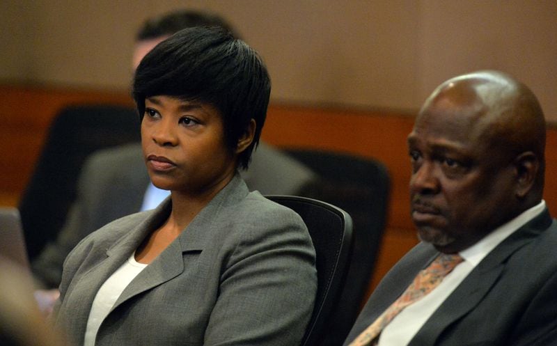 Former APS Deerwood Academy asst principal Tabeeka Jordan listens during a sentencing hearing Tuesday. Sentencing continues for 10 of the 11 defendants convicted of racketeering and other charges in the Atlanta Public Schools test-cheating trial before Judge Jerry Baxter in Fulton County Superior Court, Tuesday, April 14, 2015. (Atlanta Journal-Constitution, Kent D. Johnson, Pool)