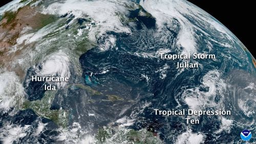 A satellite image shows Hurricane Ida, Tropical Storm Julian and Tropical Depression Ten on August 29, 2021. Despite a slow finish, the 2021 hurricane season was the third-most active on record. (NOAA)