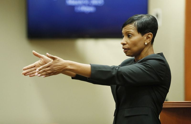 September 26, 2019 - Decatur - Prosecutor Buffy Thomas during her opening statement.  The murder trial of former DeKalb County police officer Robert "Chip" Olsen began as attorneys worked to strike a jury this morning, followed by opening statements.  Olsen is charged with murdering  war veteran Anthony Hill.  Bob Andres / robert.andres@ajc.com