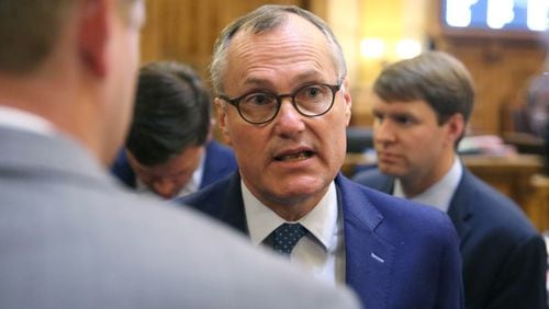 March 29, 2018 - Atlanta, Ga: Lt. Gov. Casey Cagle talks with members of the media after the end of Legislative Day 40 in the Senate Chamber at the Georgia State Capitol Thursday, March 29, 2018, in Atlanta. PHOTO / JASON GETZ