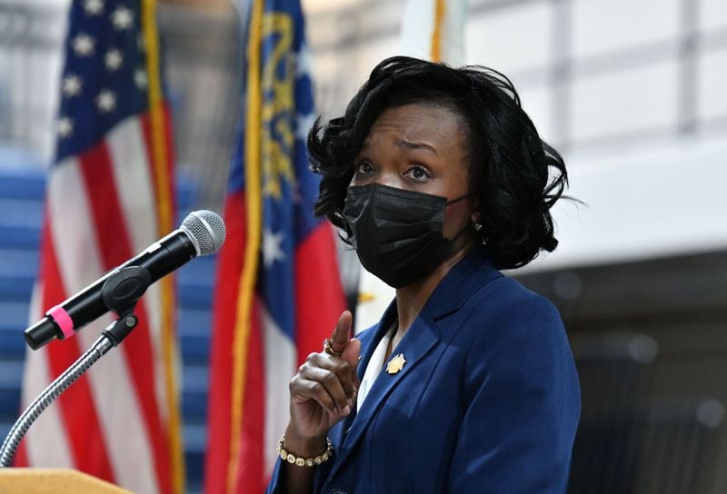 January 7, 20201 Marietta - Lisa Cupid speaks after she was sworn in as new chair of county commission by Cobb County Superior Court judges Robert E. Flournoy III and Adele Grubbs at Cobb County Civic Center in Marietta on Thursday, January 7, 2021. (Hyosub Shin / Hyosub.Shin@ajc.com)