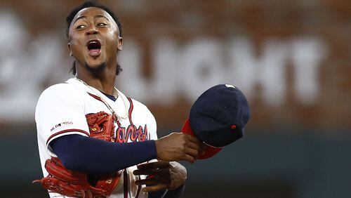 Ozzie Albies reacts after the game against the San Diego Padres at SunTrust Park on April 29, 2019 in Atlanta, Georgia. (Photo by Mike Zarrilli/Getty Images)
