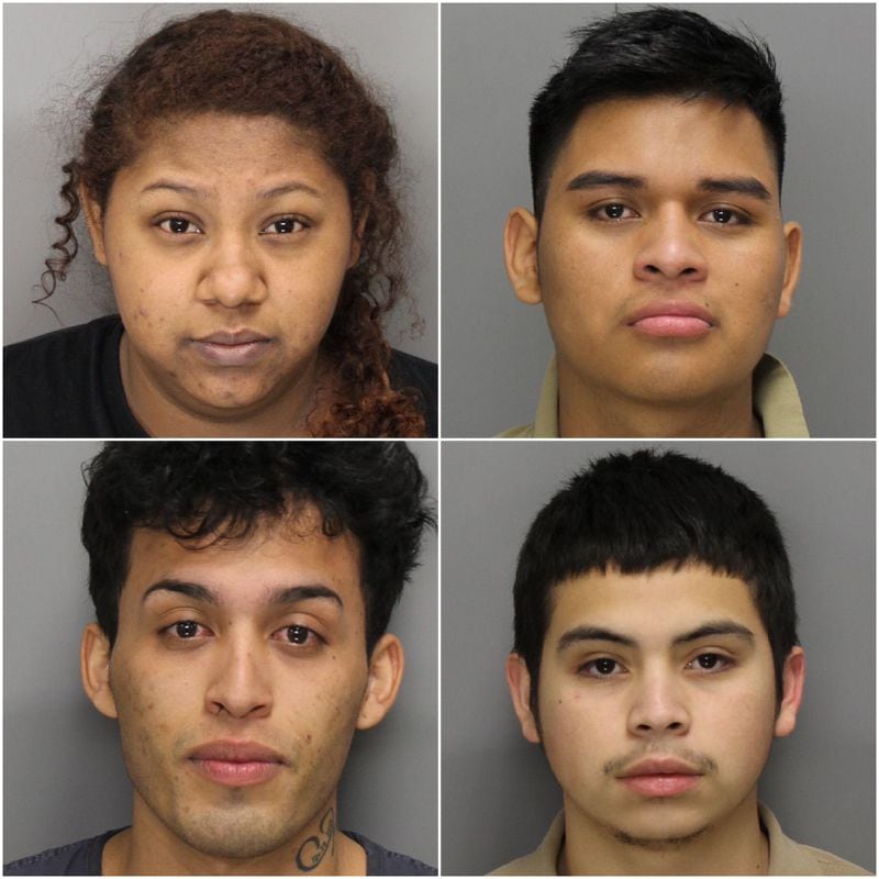 Mugshots, going clockwise starting at top left, of alleged MS-13 associates involving in a June 23, 2017 shooting in Marietta: Melisa Zavaleta Bautista, Cesar Lopez, Josue Hernandez-Perez and Gustavo Adolfo Lopez-Mendez. (Photos from Cobb County Sheriff's Office)