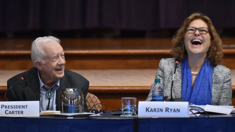 Former President Jimmy Carter and Karin Ryan, senior policy adviser, react during the12th Human Rights Defenders Forum at the Carter Center on Tuesday, October 15, 2019. (Hyosub Shin / Hyosub.Shin@ajc.com)