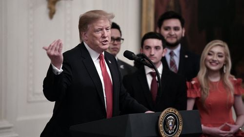 U.S. President Donald Trump speaks before signing an executive order to require colleges and universities to “support free speech” on campus or risk loss of federal research funds during an event in the East Room of the White House on Thursday, March 21, 2019. (Olivier Douliery/Abaca Press/TNS)