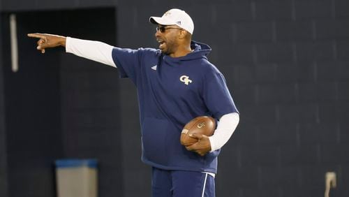 Georgia Tech defensive line coach Marco Coleman yields instructions during a spring practice session at the John and Mary Brock Indoor Practice Facility on Monday, March 13, 2023.
Miguel Martinez /miguel.martinezjimenez@ajc.com