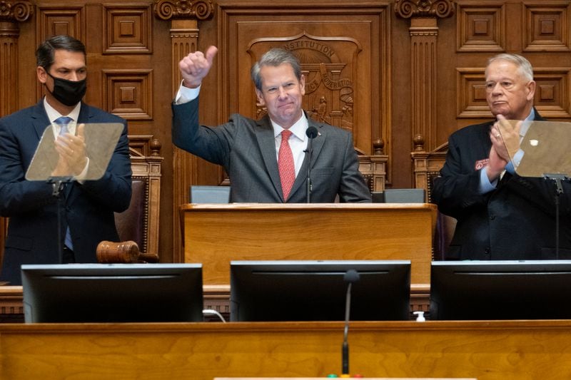 Gov. Brian Kemp, center, and House Speaker David Ralston, right, have both declined to endorse legislation that would allow Buckhead to break off from Atlanta, but they also haven’t said no to it. Ben Gray for the Atlanta Journal-Constitution