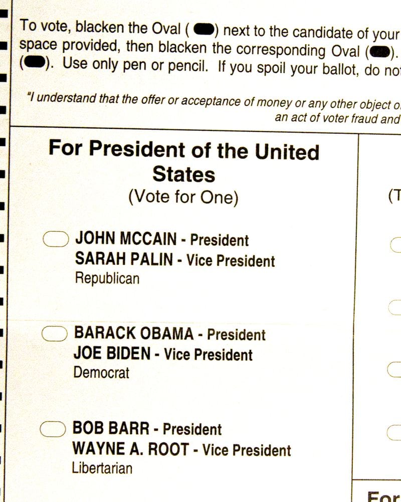 Absentee ballot for the 2008 general election.  Robert Cauvel / AJC staff
