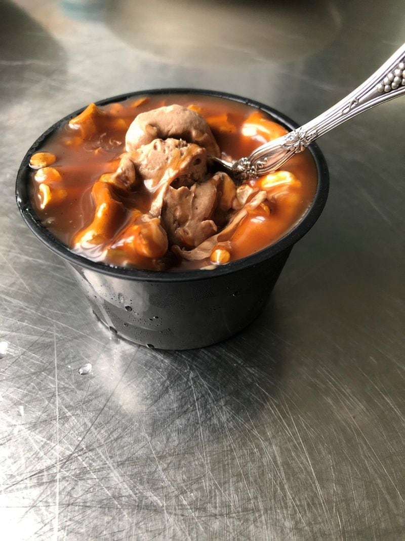 Poor Hendrix chef and co-owner Aaron Russell is a master of sweets and pastries; this milk chocolate mousse with bourbon caramel sauce and pretzels is a fine example of what he can do in simple, takeout mode. CONTRIBUTED BY WENDELL BROCK