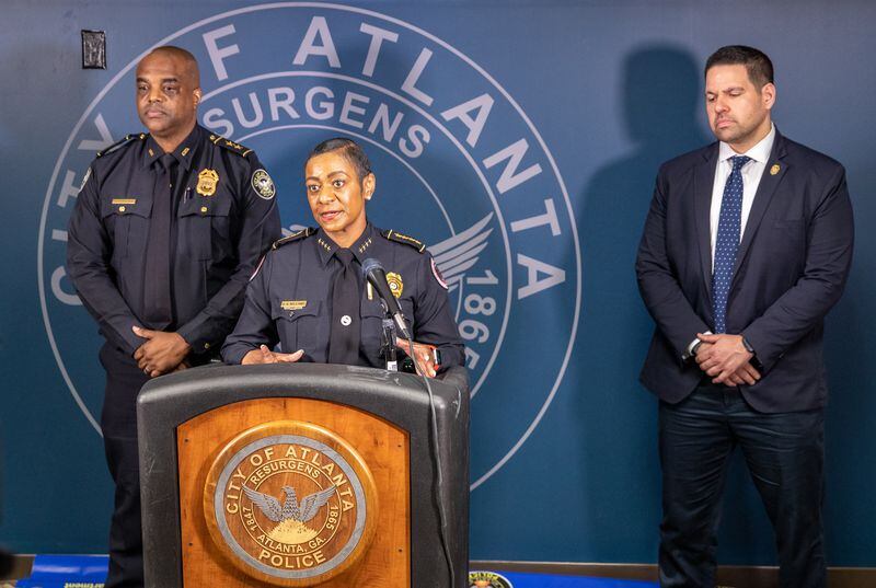 Clark Atlanta University police chief Debra Williams, at podium, speaks to reporters during a news conference on March 2, 2023, as officials announce an arrest in the shooting death of Clark Atlanta University student Jatonne Sterling. (Jenni Girtman for The Atlanta Journal-Constitution)