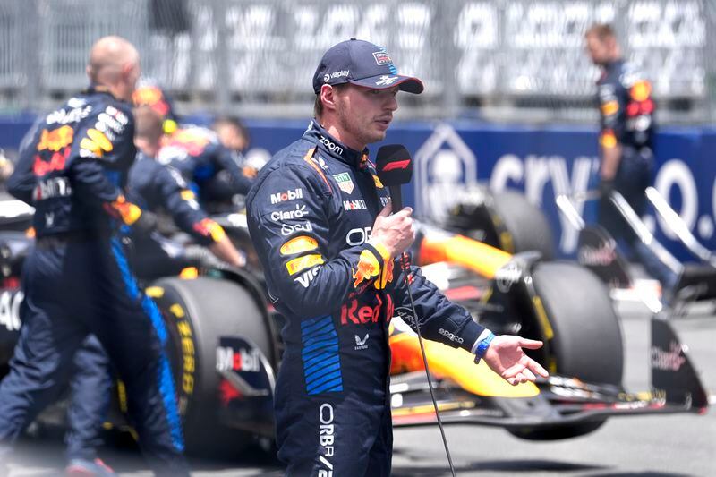 Red Bull driver Max Verstappen, of the Netherlands, is interviewed after winning the Sprint race at the Miami Formula One Grand Prix, Saturday, May 4, 2024, in Miami Gardens, Fla. (AP Photo/Lynne Sladky)