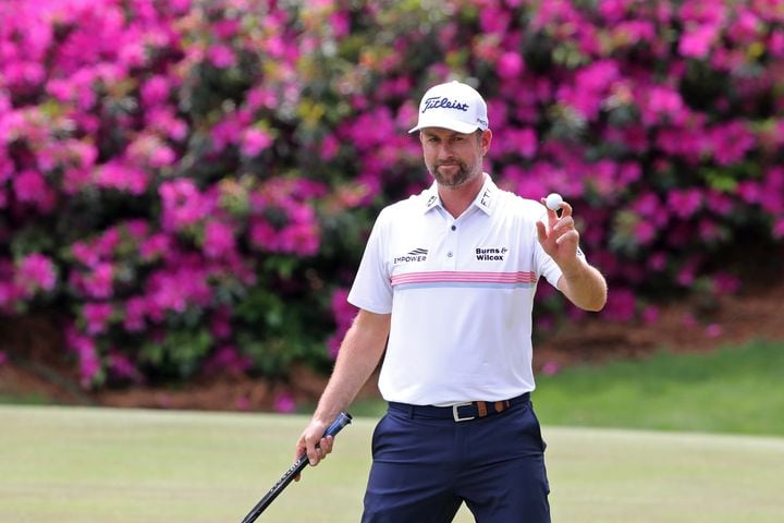 April 8, 2021, Augusta: Webb Simpson reacts to his birdie putt on the thirteenth green during the first round of the Masters at Augusta National Golf Club on Thursday, April 8, 2021, in Augusta. Curtis Compton/ccompton@ajc.com