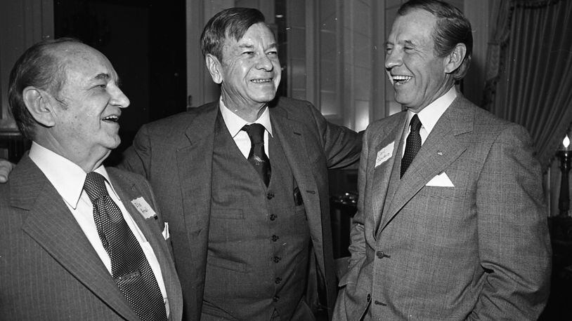 Former Georgia Governors Herman Talmadge (center)  Ellis Arnall (left) and Carl Sanders at the Commerce Club, Atlanta, Georgia, March 6, 1980. LANNA SWINDLER / THE ATLANTA JOURNAL-CONSTITUTION ARCHIVES