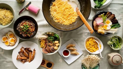 Ramen Noodle Party with Chukasuimen Ramen Noodles, Mazesoba, Shoyu Broth, Quick and Easy Creamy Tonkotsu-style Broth, Seasoned Eggs topping, Crispy Asian Pork Belly topping, and garnishes. CONTRIBUTED BY MIA YAKEL