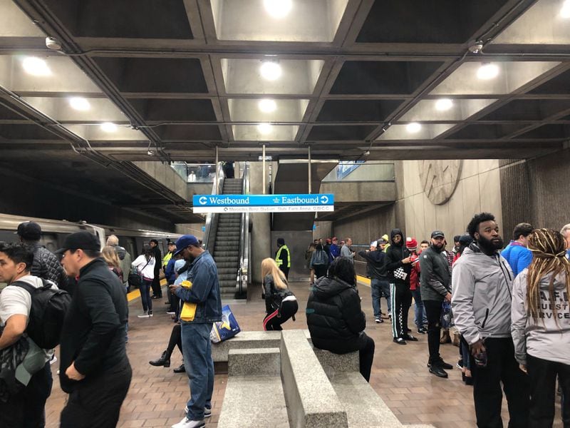 Fans leaving the Super Bowl board trains at MARTA's Dome Station on Sunday night Feb. 3, 2019.