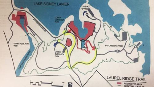 The portion of Lake Lanier’s Laurel Ridge Trail marked in red is closed to hikers due to fall/slip hazards and tree removal. Two recommended alternate routes are marked in yellow. U.S. ARMY CORPS OF ENGINEERS