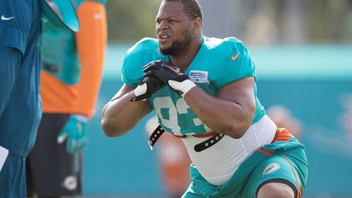 Miami Dolphins defensive tackle Ndamukong Suh (93) at Baptist Health Training Facility at Nova Southeastern University in Davie, Florida on July 30, 2017. (Allen Eyestone / The Palm Beach Post)
