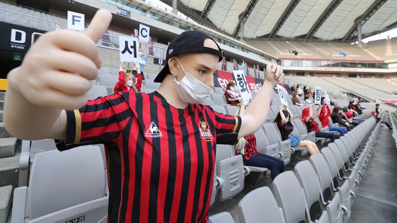Mannequins are installed at the empty spectators' seats before the start of a soccer match between FC Seoul and Gwangju FC May 17, 2020, at the Seoul World Cup Stadium in Seoul, South Korea.