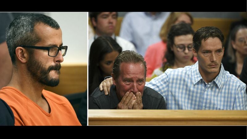 Chris Watts, left, sits in court Tuesday, Aug. 21, 2018, as a judge recites the nine charges he faces in the strangulation deaths of his pregnant wife, Shanann Watts, 34, and their two daughters, Bella, 4, and Celeste, 3. At right, Shanann’s father, Frank Rzucek weeps and her teary-eyed brother, Frankie Rzucek, consoles him as they listen to the judge go over the murder charges for which Chris Watts, 33, could face the death penalty if convicted.