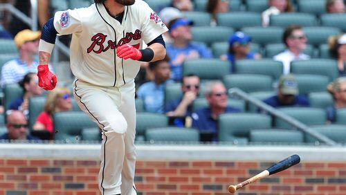 Dansby Swanson drives in the Braves only run Sunday with a second-inning sacrifice fly. (Photo by Scott Cunningham/Getty Images)