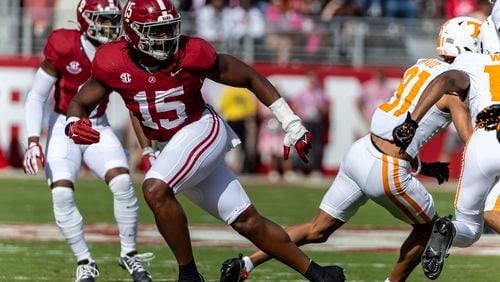 Alabama linebacker Dallas Turner (15) tracks the play during the first half of an NCAA college football game against Tennessee, Saturday, Oct. 21, 2023, in Tuscaloosa, Ala. (AP Photo/Vasha Hunt)