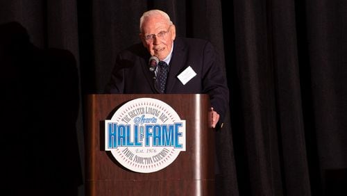 Former SEC commissioner Roy Kramer speaking July 25, 2019, at the Greater Lansing Area Hall of Fame ceremony at the Lansing Center in Lansing, Michigan. This was Kramer's most recent public appearance. (Photo by Michele Hoffman)
