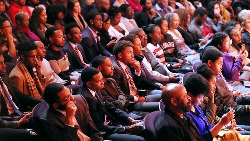 A crowd of mostly college students listen to presidential hopeful Pete Buttigieg, Mayor South Bend, Indiana, speak while launching a new effort to win over black voters by holding a conversation at Morehouse College on Monday, November 18, 2019, in Atlanta.