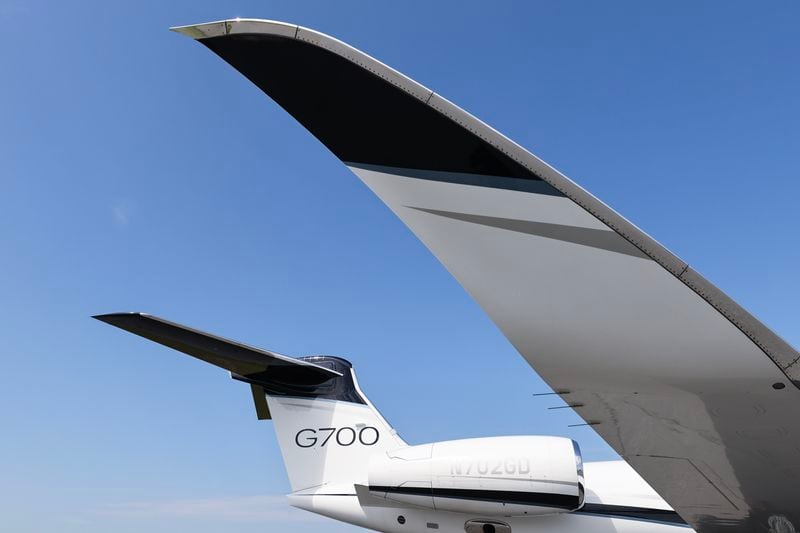 Views of the exterior of the Gulfstream G700 private jet on display at McCollum Field in Kennesaw on Wednesday, September 6, 2023. (Natrice Miller/ Natrice.miller@ajc.com)