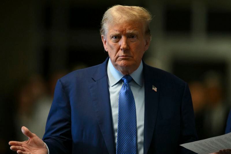 Former President Donald Trump speaks to reporters at Manhattan Criminal Court in New York, Thursday, May 9, 2024. (Angela Weiss/Pool Photo via AP)