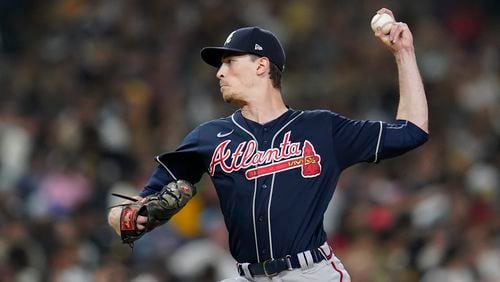 Atlanta Braves starting pitcher Max Fried works against a San Diego Padres batter during the second inning of a baseball game Friday, Sept. 24, 2021, in San Diego. (AP Photo/Gregory Bull)