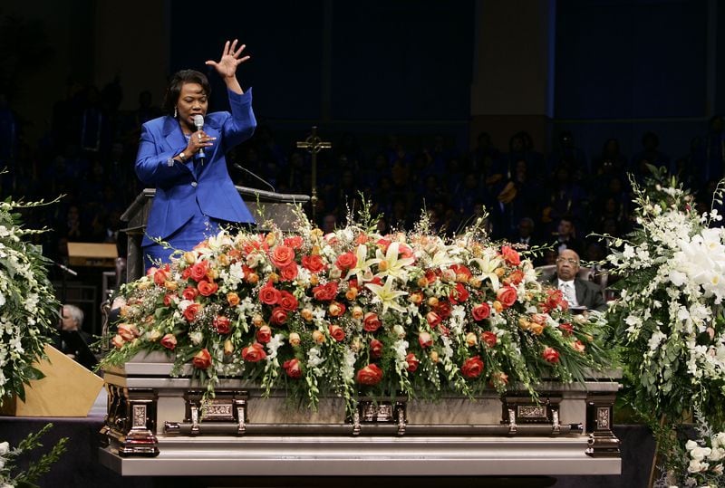 Rev. Bernice King, daughter of Martin Luther King Jr., speaks during the funeral service for her mother, Coretta Scott King at the New Birth Missionary Baptist Church in Lithonia, Ga., Tuesday, Feb. 7, 2006. (AP Photo/Jason Reed, Pool)