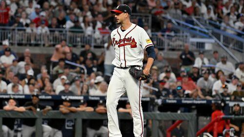 Atlanta Braves starting pitcher Charlie Morton reacts after striking out New York Yankees' center fielder Isiah Kiner-Falefa (12) to end the sixth inning at Truist Park, Wednesday, August 16, 2023, in Atlanta. The Braves won 2-0.. (Hyosub Shin / Hyosub.Shin@ajc.com)