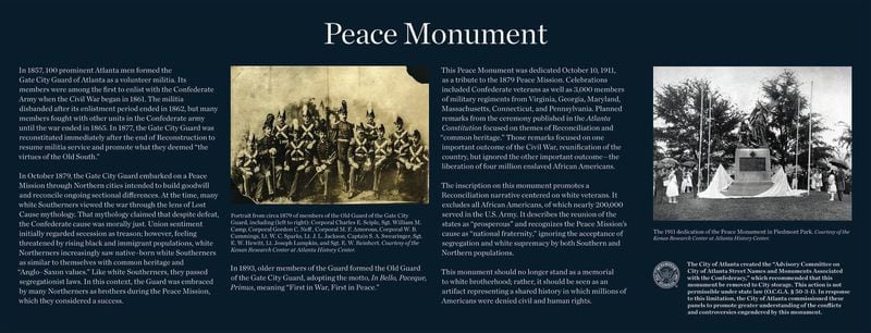 A contextual panel that will be erected next to the Peace Monument in Atlanta’s Piedmont Park. The contextual markers address the role of slavery in the Civil War.
