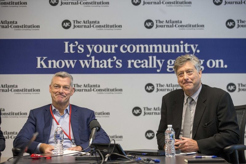 Brothers Tony Ressler (left), the lead owner of the Atlanta Hawks, and Richard Ressler (right), CIM Group co-founder, speak during an editorial board meeting at The Atlanta Journal Constitution in Dunwoody, Thursday, September 27, 2018. CIM is the lead developer of the proposed $5 billion Gulch project. (ALYSSA POINTER/ALYSSA.POINTER@AJC.COM)