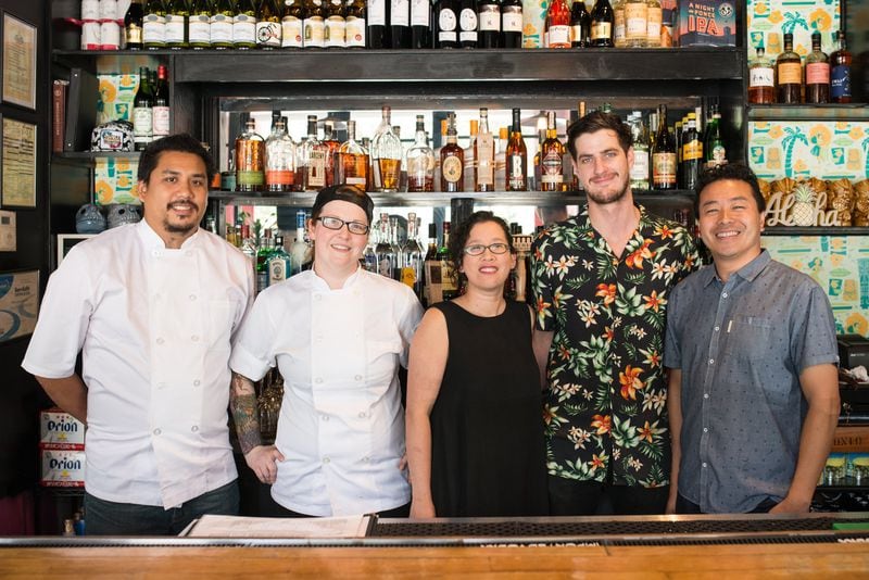 Double Dragon (left to right) executive chef & co-owner George Yu, chef de cuisine Courtney Graham, general manager Michelle Nguyen, assistant manager Ben Garrett, and co-owner Michael Lo. / Photo credit- Mia Yakel.