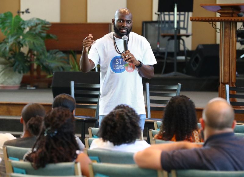June 30, 2019 Marietta: Garrett Middle School counselor John Nwosu leads a Stronger Together meeting at Unity North Atlanta on Sunday, June 30, 2019, in Marietta. Curtis Compton/ccompton@ajc.com